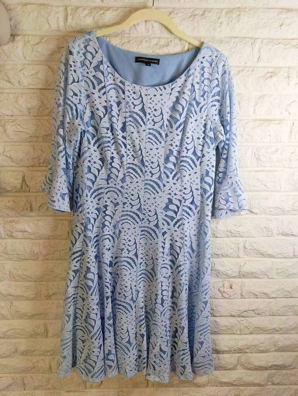 Chris McLaughlin Light Blue Lace A-Line Dress with Three-Quarter Sleeves